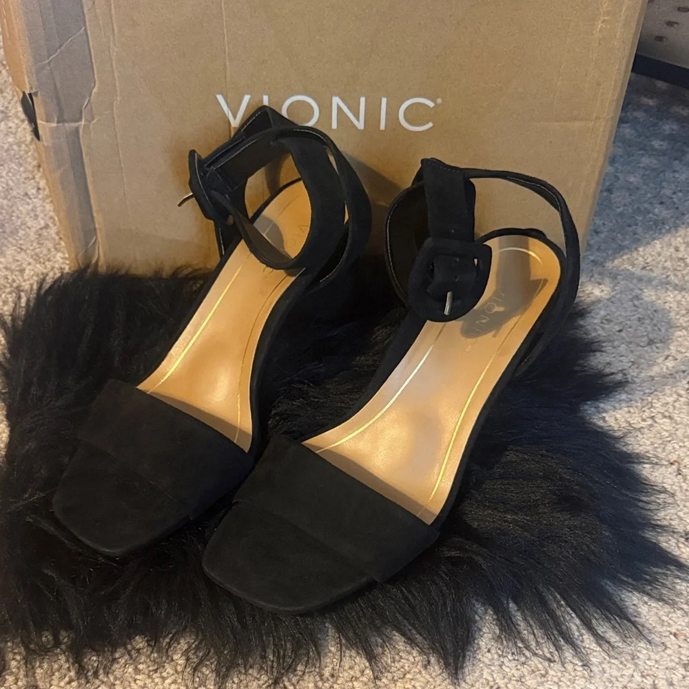 Vionic Zinfandel Black Waxed Suede Ankle-Strap Block Heel Sandals